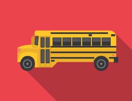 School bus illustration on a red background.
